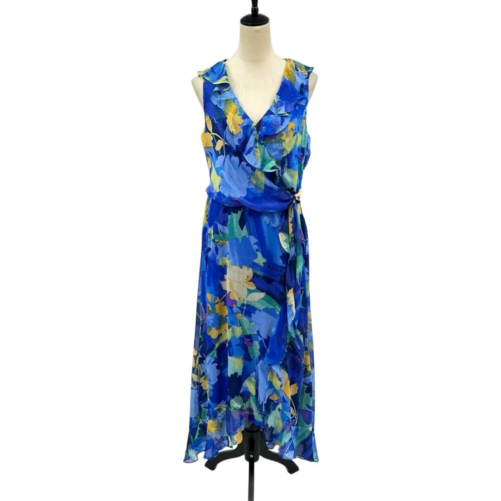 London Times Blue Colorful Floral Ruffle Splice Tie Waist Flounce Midi Dress